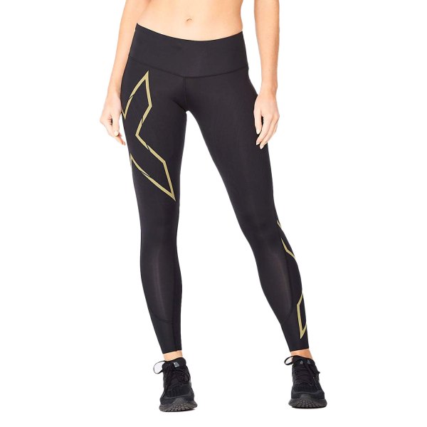 2XU® - Women's Light Speed Small Black/Gold Reflective Regular Mid-Rise Compression Tights