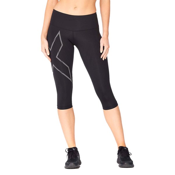 2XU® - Women's Light Speed Large Black/Black Reflective 3/4 Mid-Rise Compression Tights