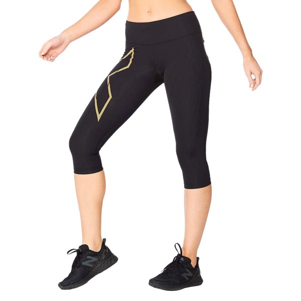 2XU® - Women's Light Speed X-Small Black/Gold Reflective 3/4 Mid-Rise Compression Tights