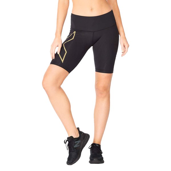 2XU® - Women's Light Speed Medium Black/Gold Reflective Mid-Rise Compression Shorts