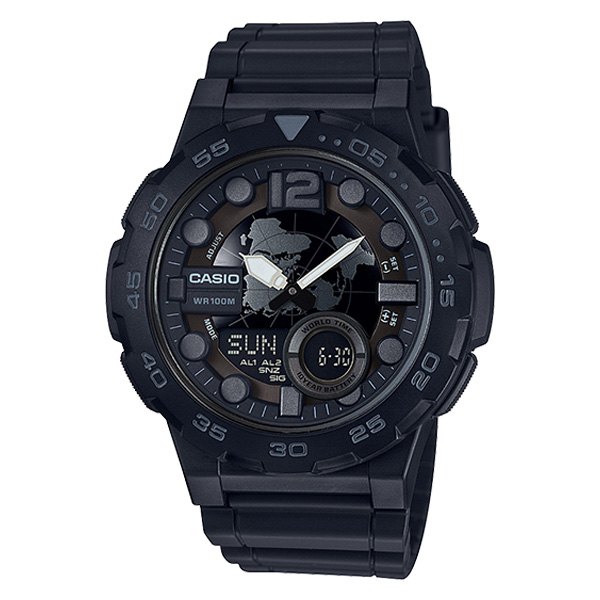 Casio® - AEQ™ 100W Round Black Polymer Watch with Black Polymer Band