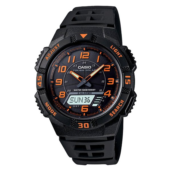 Casio® - AQS™ Round Black/Orange Polymer Watch with Black Polymer Band