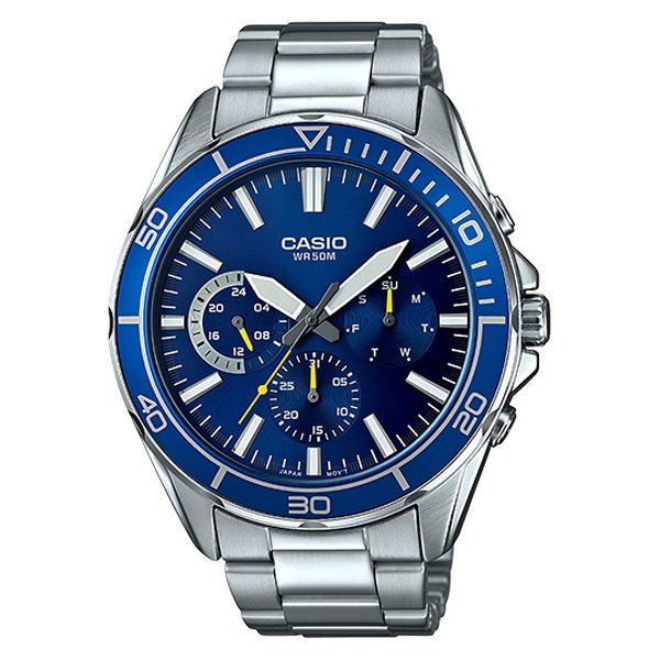 Casio® - Men's Multifunction 50m Blue Dial Sports Watch Silver Stainless Steel Band