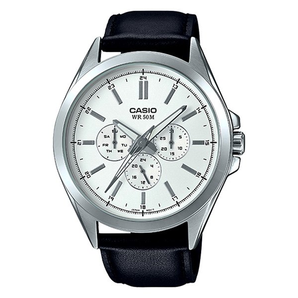 Casio® - Men's Multifunction Day-Date White Dial Watch with black Leather Strap