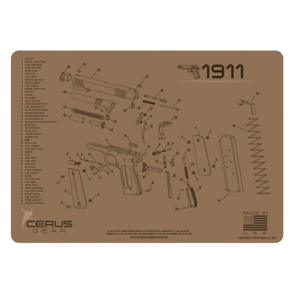 Cerus Gear® - ProMat Schematic™ 12" x 17" Coyote Tan 1911 Cleaning Mat
