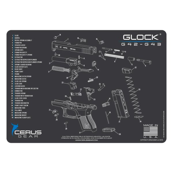 Cerus Gear® - ProMat Schematic™ 12" x 17" Charcoal Gray/Cerus Blue Glock™ 42/43 Cleaning Mat