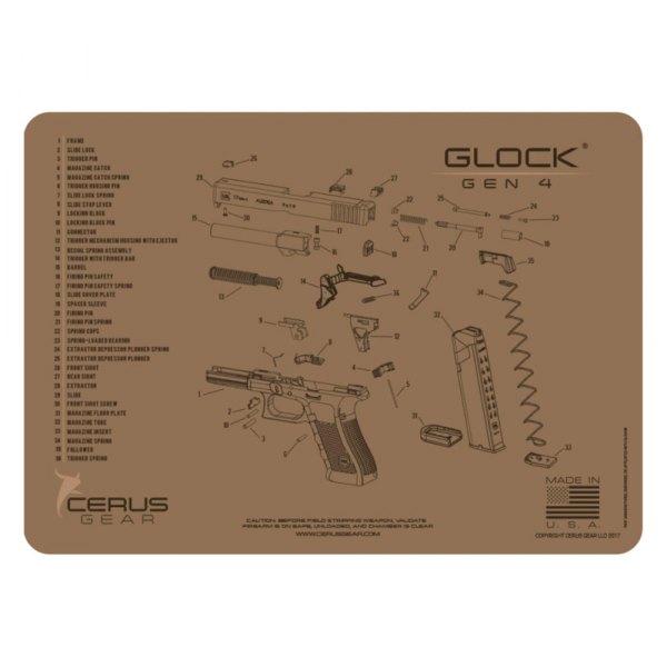 Cerus Gear® - ProMat Schematic™ 12" x 17" Coyote Tan Glock™ Gen4 Cleaning Mat