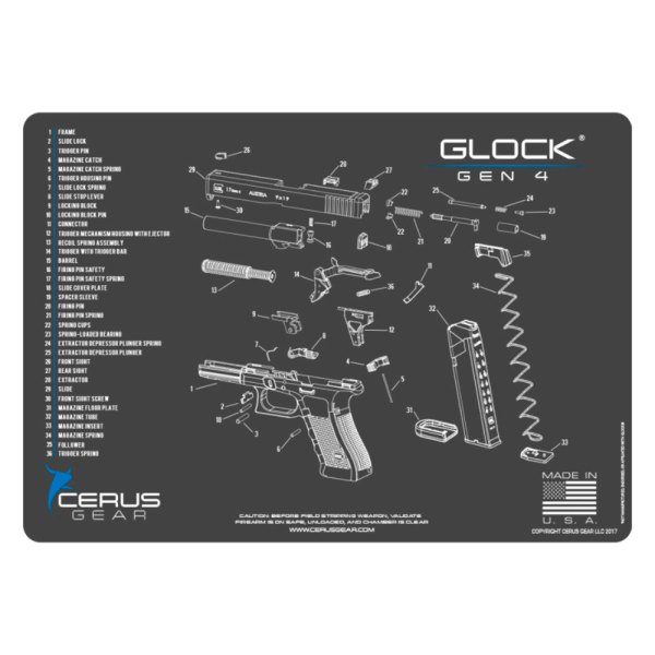 Cerus Gear® - ProMat Schematic™ 12" x 17" Charcoal Gray/Cerus Blue Glock™ Gen4 Cleaning Mat