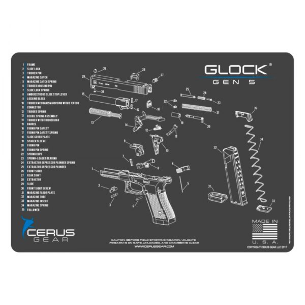 Cerus Gear® - ProMat Schematic™ 12" x 17" Charcoal Gray/Cerus Blue Glock™ Gen5 Cleaning Mat