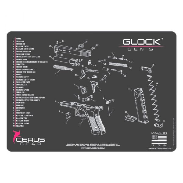 Cerus Gear® - ProMat Schematic™ 12" x 17" Charcoal Gray/Pink Glock™ Gen5 Cleaning Mat