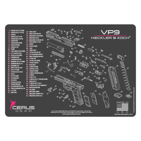Cerus Gear® - ProMat Schematic™ 12" x 17" Charcoal Gray/Pink Heckler & Koch™ VP9™ Cleaning Mat