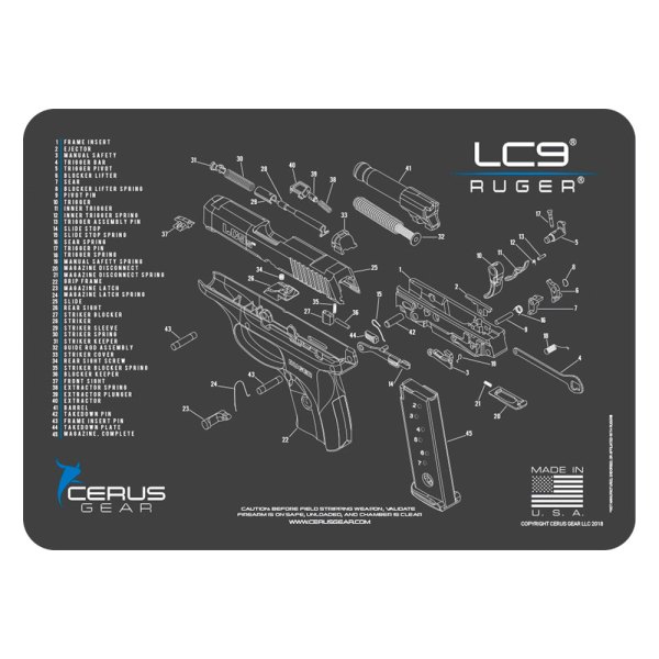 Cerus Gear® - ProMat Schematic™ 12" x 17" Charcoal Gray/Cerus Blue Ruger™ LC9 Cleaning Mat