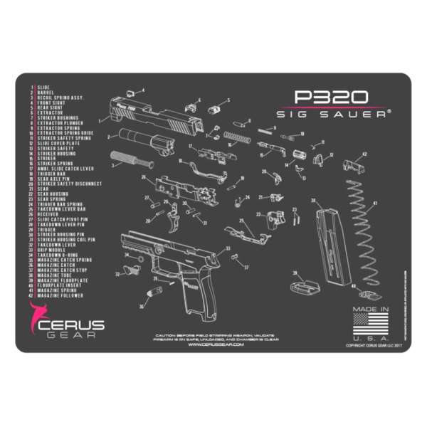 Cerus Gear® - ProMat Schematic™ 12" x 17" Charcoal Gray/Pink Sig Sauer™ P320 Cleaning Mat