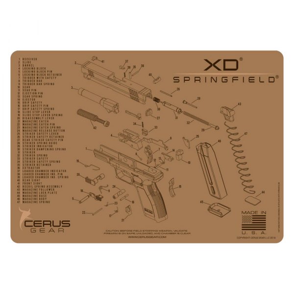 Cerus Gear® - ProMat Schematic™ 12" x 17" Coyote Tan Springfield™ XD™ Cleaning Mat