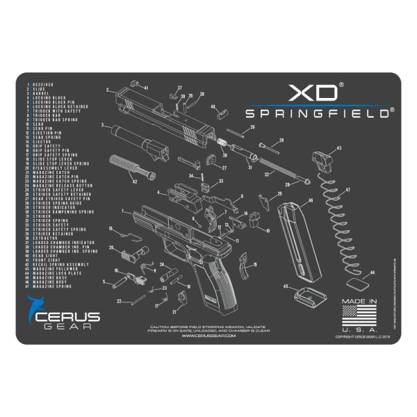 Cerus Gear® - ProMat Schematic™ 12" x 17" Charcoal Gray/Cerus Blue Springfield™ XD™ Cleaning Mat