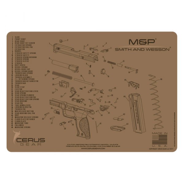 Cerus Gear® - ProMat Schematic™ 12" x 17" Coyote Tan Smith & Wesson™ M&P™ Cleaning Mat
