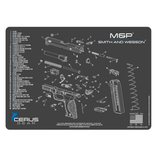 Cerus Gear® - ProMat Schematic™ 12" x 17" Charcoal Gray/Cerus Blue Smith & Wesson™ M&P™ Cleaning Mat