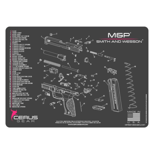 Cerus Gear® - ProMat Schematic™ 12" x 17" Charcoal Gray/Pink Smith & Wesson™ M&P™ Cleaning Mat
