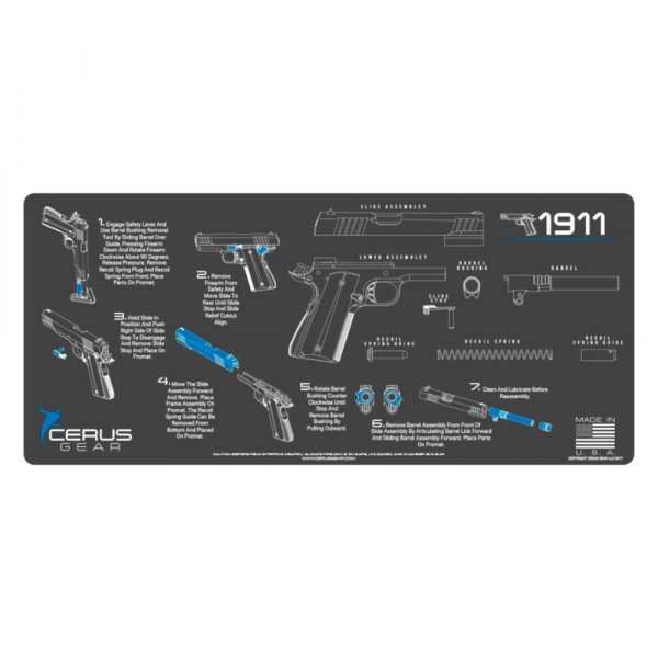 Cerus Gear® - ProMat Instructional™ 12" x 27" Charcoal Gray/Cerus Blue 1911 Cleaning Mat
