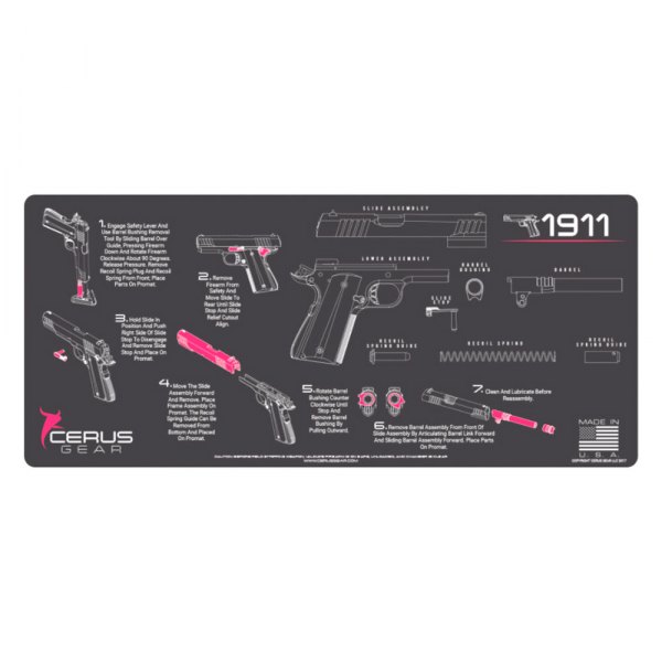 Cerus Gear® - ProMat Instructional™ 12" x 27" Charcoal Gray/Pink 1911 Cleaning Mat