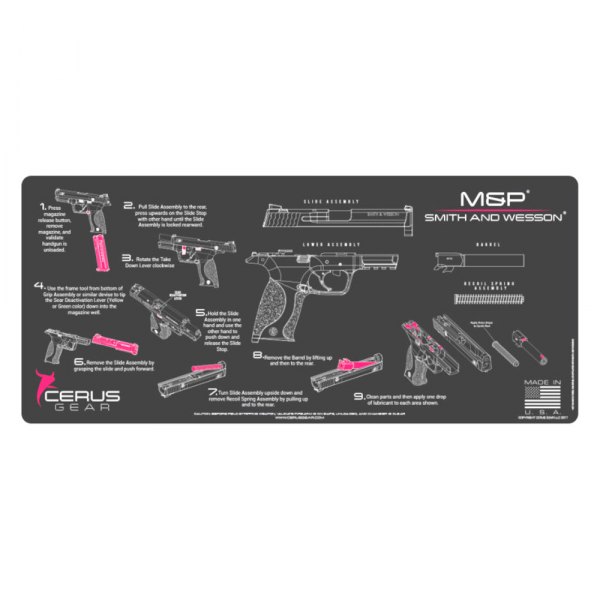 Cerus Gear® - ProMat Instructional™ 12" x 27" Charcoal Gray/Pink Smith & Wesson™ M&P™ Cleaning Mat