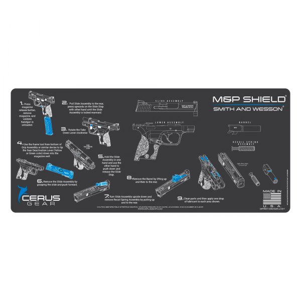 Cerus Gear® - ProMat Instructional™ 12" x 27" Charcoal Gray/Cerus Blue M&P™ Shield™ Cleaning Mat
