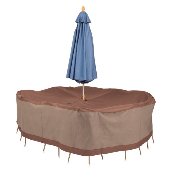 Duck Covers® - Ultimate™ Mocha Cappuccino Rectangular/Oval Patio Table & Chair Combo Cover with Umbrella Hole