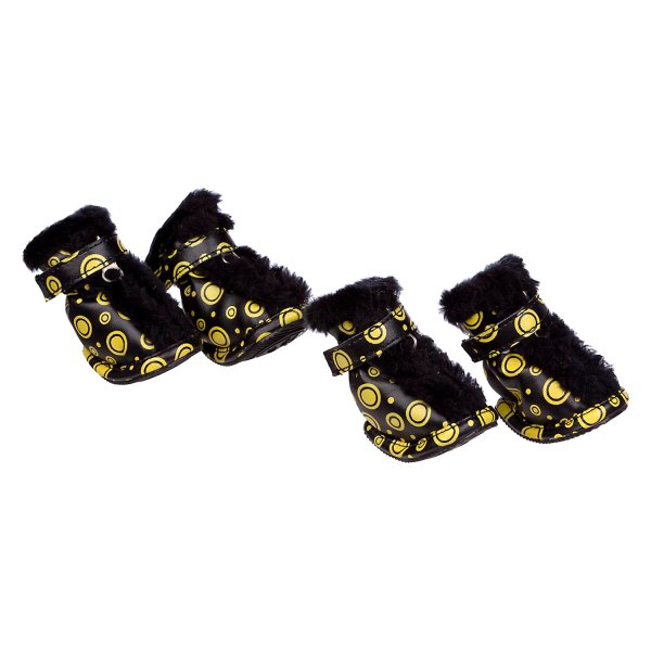 Pet Life® - Fur-Comfort Small Black/Yellow 3M Insulated Fashion Fur and PVC Waterproof Dog Winter Boots