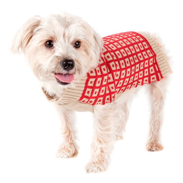 Pet Life® - Butterscotch Small Tan/Red Box Weaved Heavy Cable Knitted Fashion Designer Dog Sweater with Turtle Neck