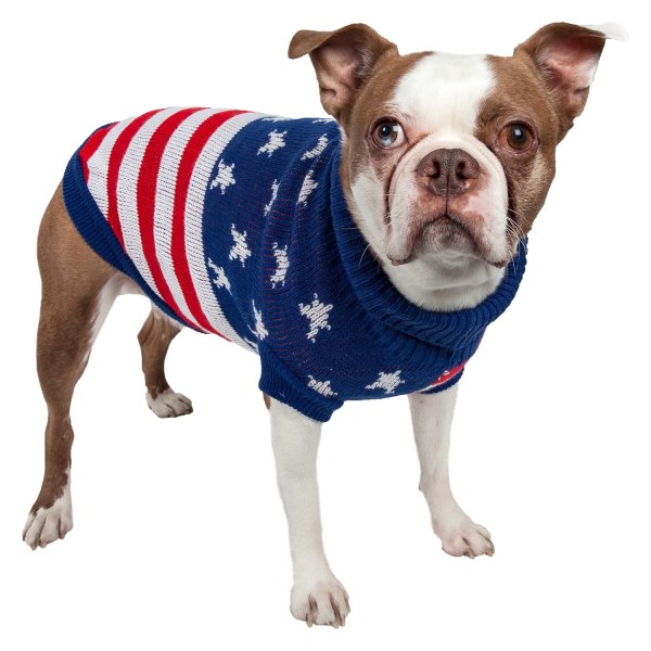 Pet Life® - Patriot Independence Star Small Red/Beige/Blue Ribbed Heavy Knitted Fashion Designer Dog Sweater with Turtle Neck
