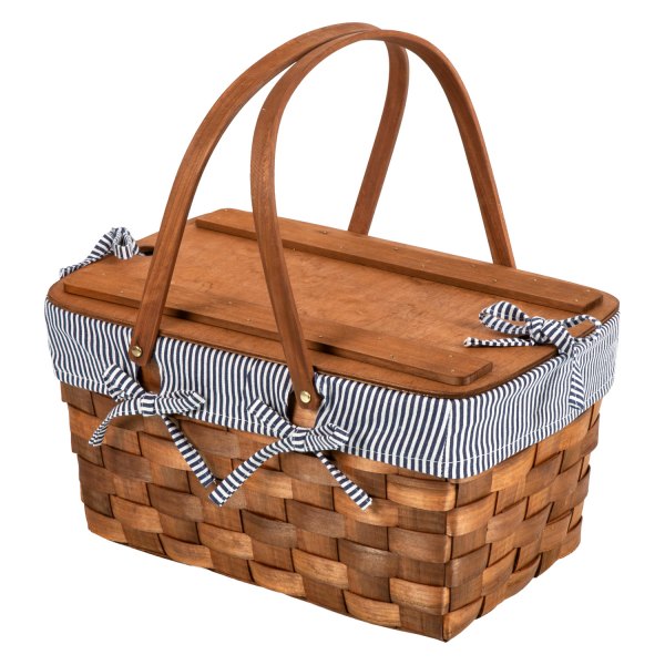 Picnic Time® - Kansas Handwoven Blue/White Stripe Wood Picnic Basket