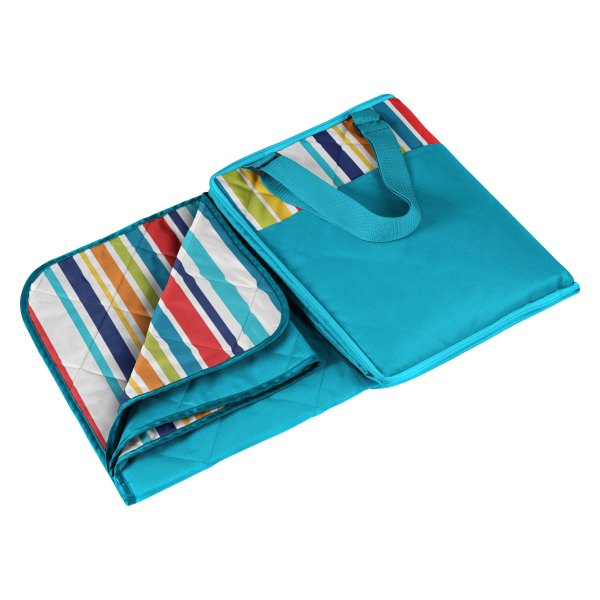 Picnic Time® - Vista 59" x 51" Fun Stripe Pattern with Aqua Blue Exterior Picnic Blanket Tote