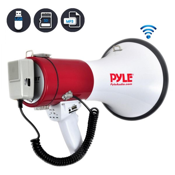 Pyle® - 50 W Red/White Bluetooth PA Megaphone Bullhorn Speaker with Wired Microphone