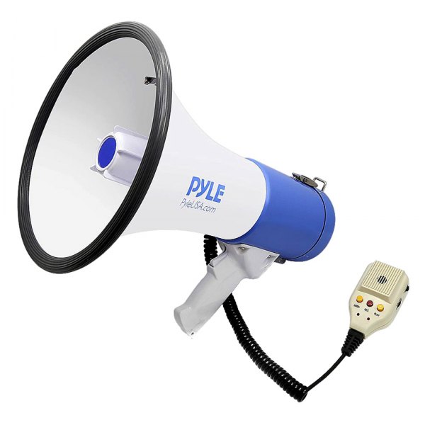 Pyle® - 50 W Blue/White Megaphone Speaker System with Built-in Rechargeable Battery