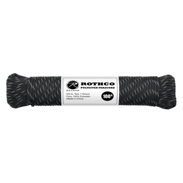 Rothco® - 100' Black with Reflective Tracers Polyester Paracord with Reflective Tracers Polyester Paracord