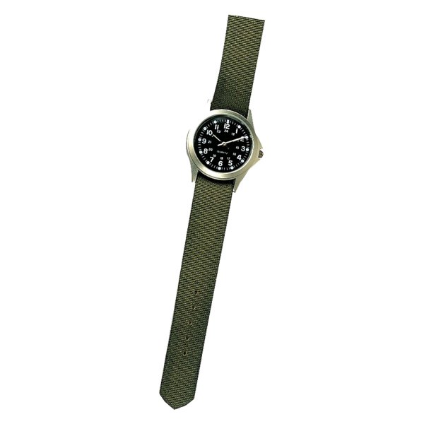 Rothco® - Military Style Round Silver Stainless Steel Watch with Green Nylon Band