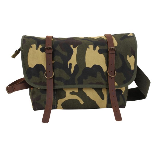 Rothco® - 10" x 17" x 4" Woodland Camo Explorer Tactical Shoulder Bag with Leather Accents