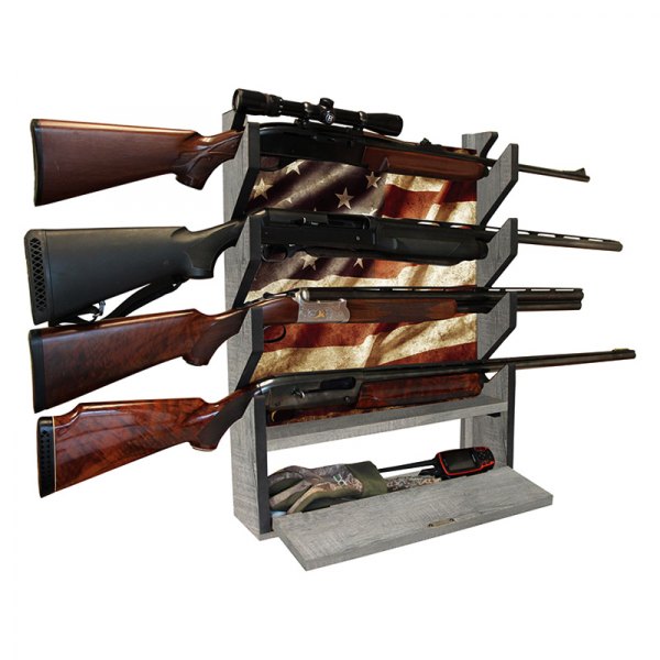 Rush Creek Creations® - 26.85" x 5" x 20.87" Gray/Americana Wooden 4-Gun Wall Mount Rifle Gun Rack