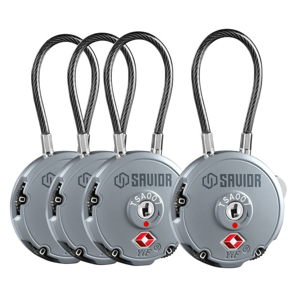 Savior Equipment® - 3-Digit 3.35" SW Gray Zinc Alloy Keyless Lock Cable Lock, 4 Pieces