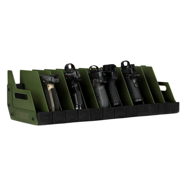 Savior Equipment® - 12-Pistol Revolver Storage 7"H x 25"L x 9.5"D OD Green Steel Gun Rack