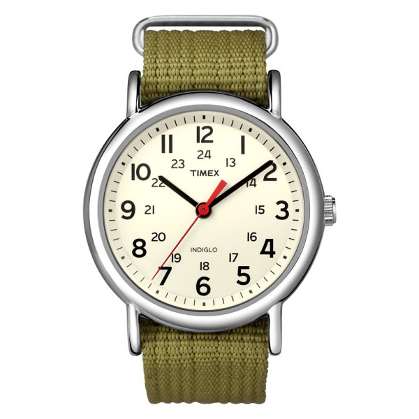 Timex® - Weekender™ Round Silver Brass Watch with Green Fabric Band