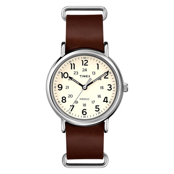 Timex® - Weekender™ Round Silver Stainless Steel Watch with Brown Leather Strap