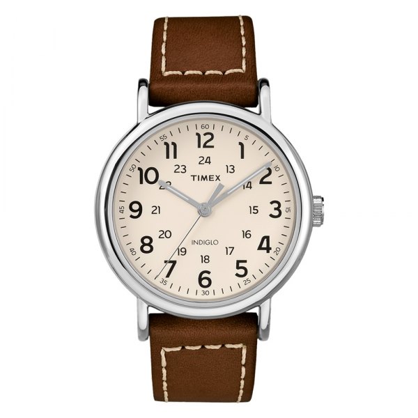 Timex® - Weekender™ Round Silver Brass Watch with Brown Leather Band