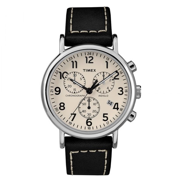 Timex® - Weekender™ 40mm Chronograph White Dial Watch with Black Leather Strap