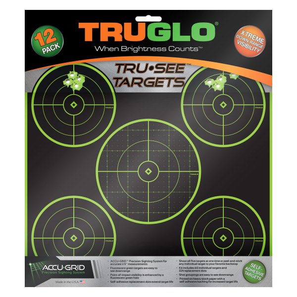 Truglo® - Tru See™ Adhesives 5-Bullseye Black/Green Splatter Targets, 12 Pieces