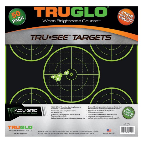 Truglo® - Tru See™ Adhesives 5-Bullseye Black/Green Splatter Targets, 50 Pieces