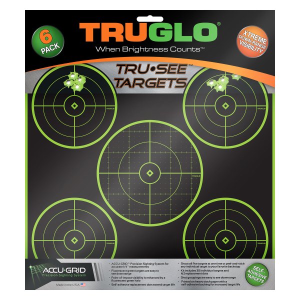 Truglo® - Tru See™ Adhesives 5-Bullseye Black/Green Splatter Targets, 6 Pieces